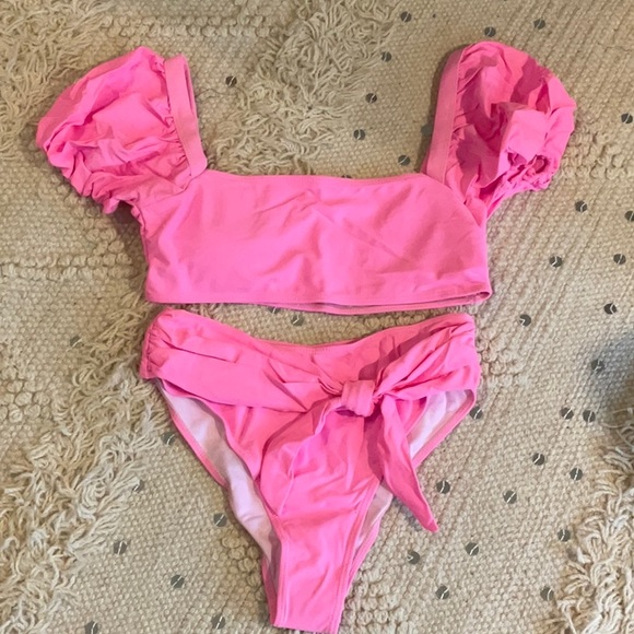 Shein Puff Sleeve Tie Front Tee Bikini Swimsuit pink - Picture 2 of 6